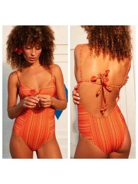 Seea Tia Retro One Piece Swimsuit Cherry Rib Red Beach Summer Womens S